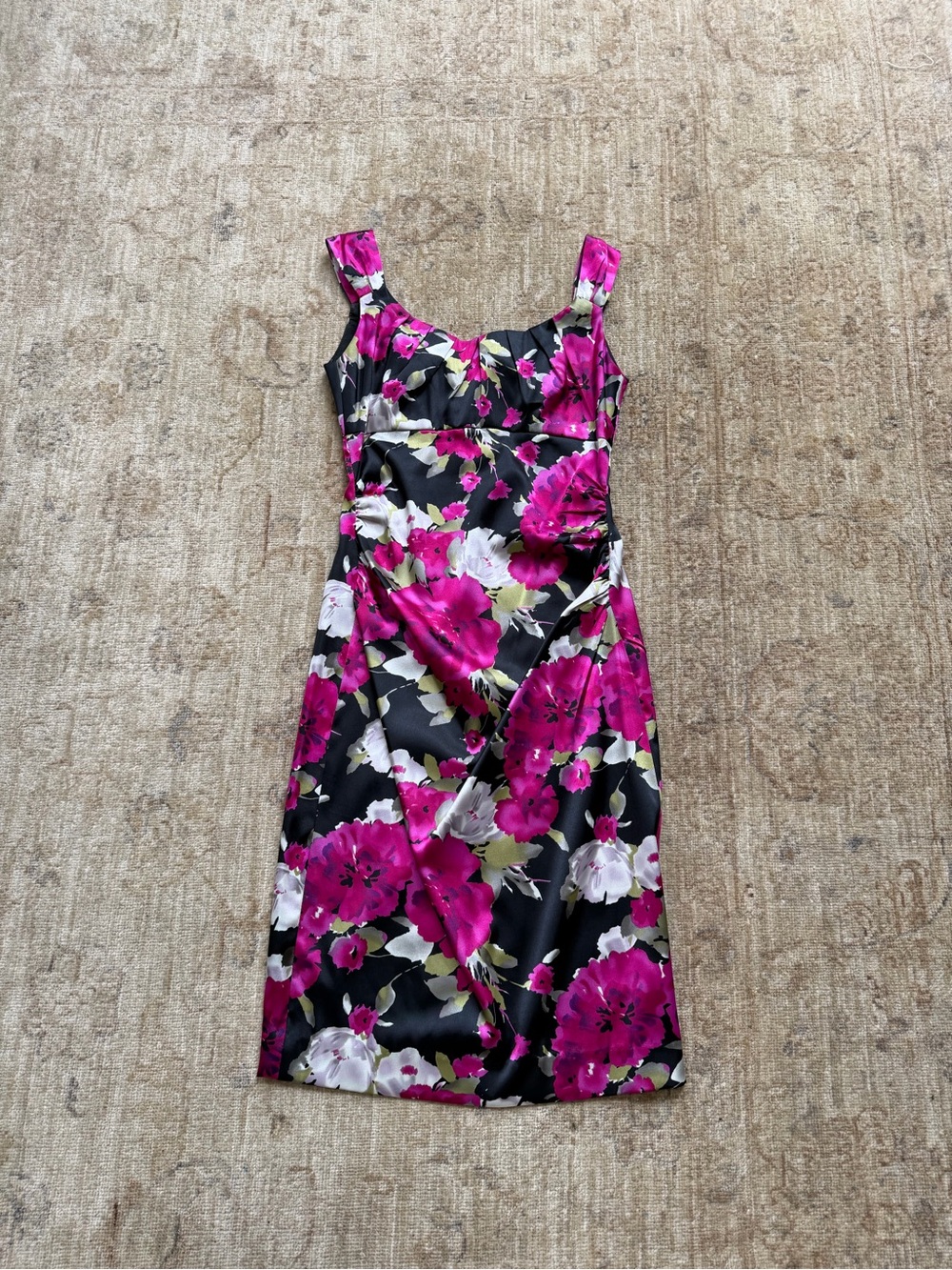 Maggy London Black Midi Dress with Fuchsia Floral Print
